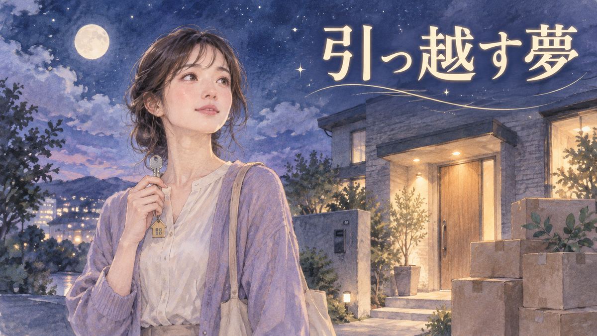 夜の新居と段ボールを前に静かに立つ大人の女性