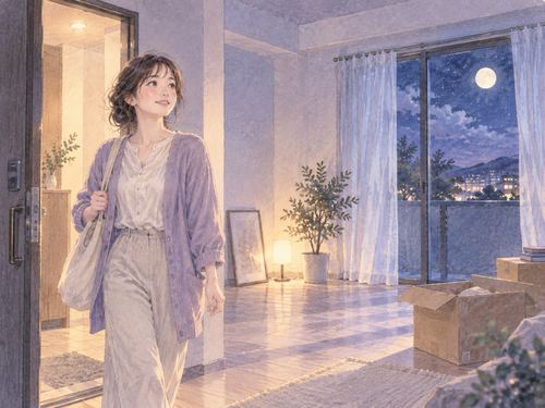 月明かりの新しい家に入り室内を見渡す女性