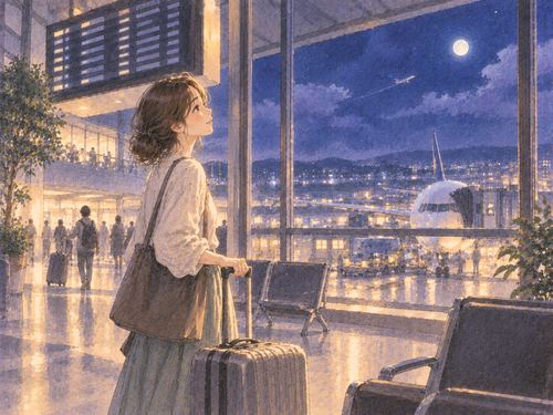 夜の空港でスーツケースを持ち出発案内を見上げる女性