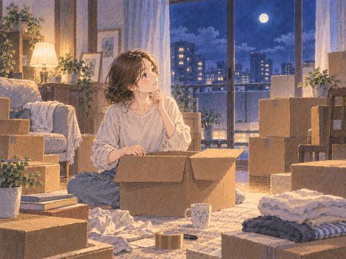 段ボールや梱包材を並べて引っ越し準備をする女性