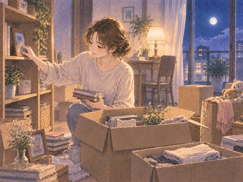 引っ越し前の部屋で物を整理する女性