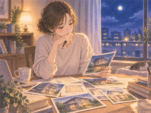 夜に複数の家の候補を眺める女性