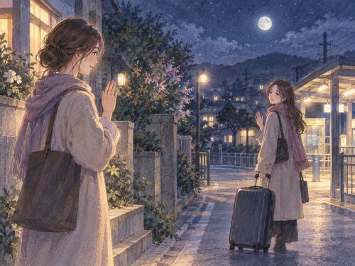 荷物を持つ友達を笑顔で見送る女性
