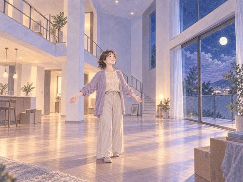 広々とした新居の中央に立つ女性