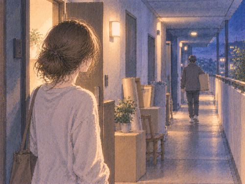 知らない人が去ったあとの静かな廊下を見る女性
