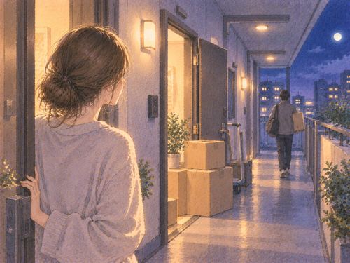 隣室の引っ越しを静かに見守る女性