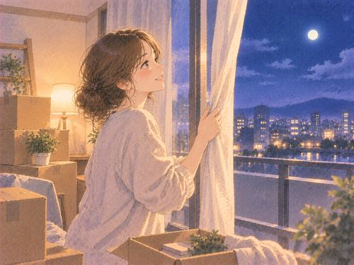 新居の窓辺で嬉しそうに外を見る女性