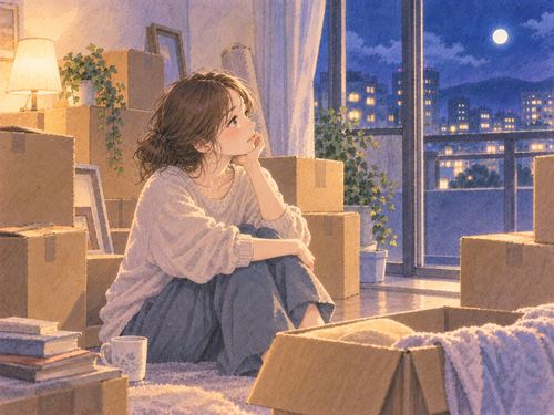 新居の段ボールのそばで不安そうに座る女性