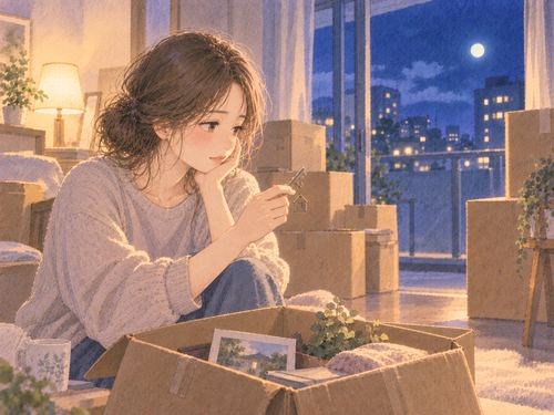 新居で古い家の鍵を手に迷う女性