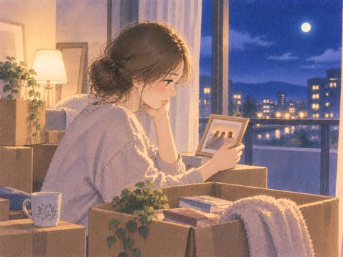 新居の窓辺で以前の暮らしを思い出す女性