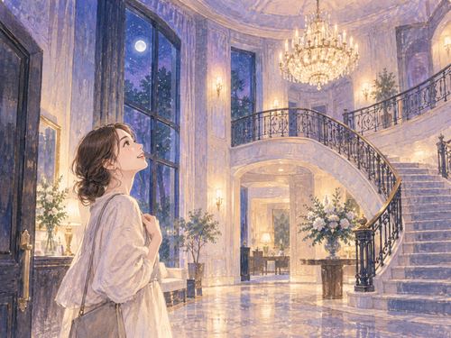 夜の豪邸の玄関ホールを見上げる女性