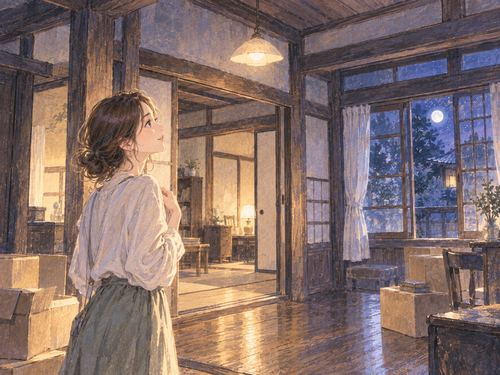 古い木造の家の室内を静かに眺める女性
