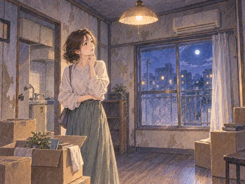傷んだ古い部屋に段ボールを置き戸惑う女性