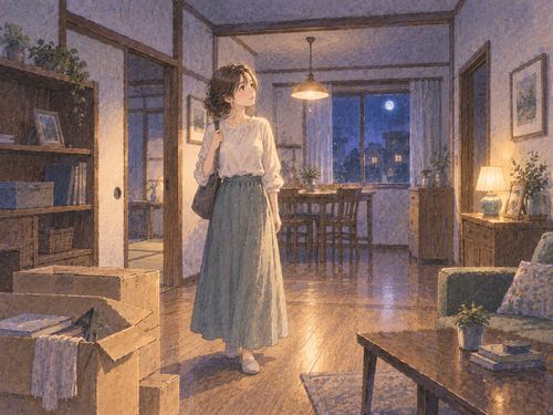 使い込まれた家具の残る中古住宅を見回す女性