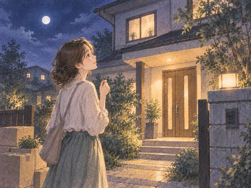 夜の一軒家の玄関前で鍵を持つ女性