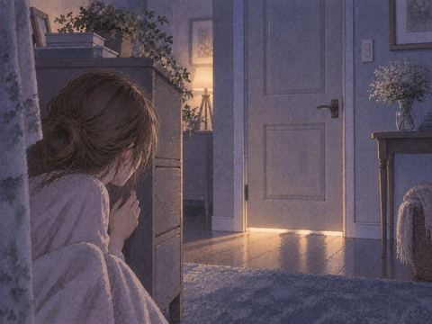 静かな部屋の物陰と扉の向こうの淡い影の夢