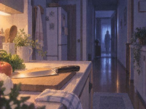 薄明かりの台所に置かれた包丁と遠い人影の夢