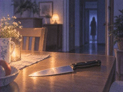 机上の刃物と遠くの人影が印象に残る夢