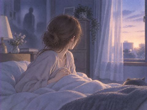 夜明け前の寝室で目覚めた女性の夢の余韻