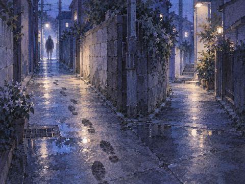 夜の路地と遠くに立つ犯人らしい人影の夢