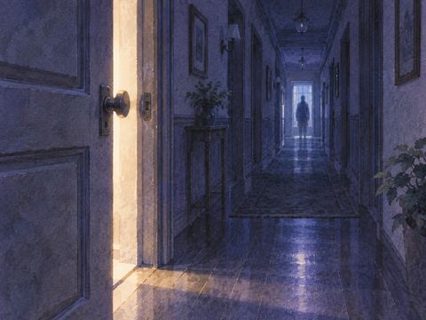 閉じた扉と遠くの人影がある夜の夢