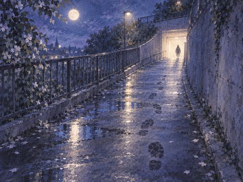 夜の道に残る急いだ足跡と遠い人影の夢