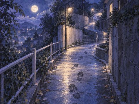 曲がりくねった夜道と遠くまで続く足跡の夢