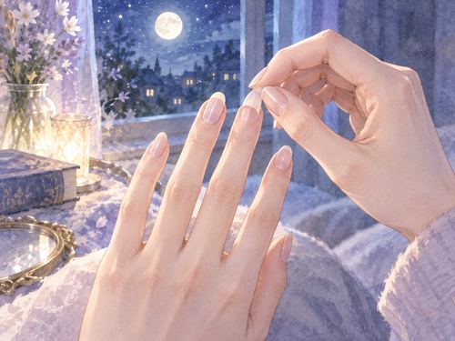 月明かりの中で一部が浮いた手の爪を見つめる手元