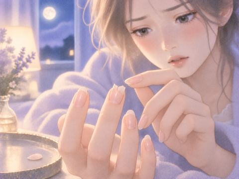 先端が途中で折れた爪を見つめる手元