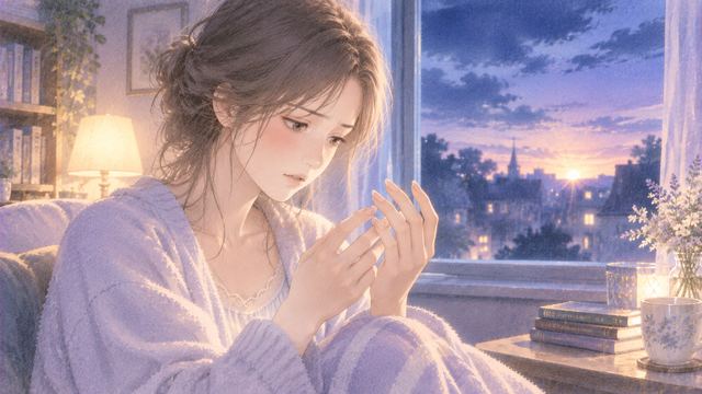夜明け前の窓辺で自分の手を見ながら夢を静かに振り返る女性