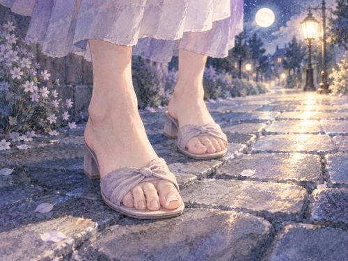 夜道で足元を気にしながら立つ女性の足と浮いた足の爪
