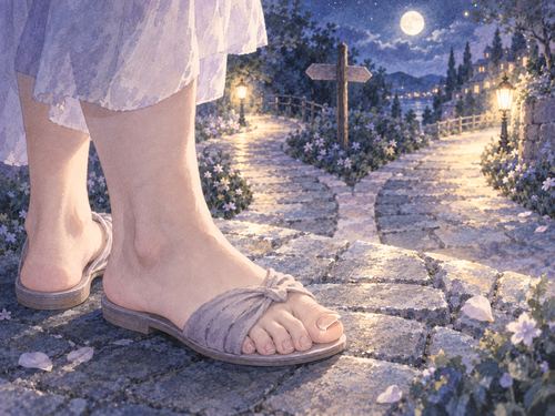 二方向に分かれる夜道の手前で足の親指の爪を気にして立つ足元
