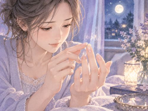 浮いた爪を落ち着いて見つめる女性の手元