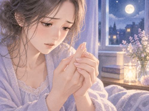 爪が浮いた指先をもう片方の手でかばう女性の手元