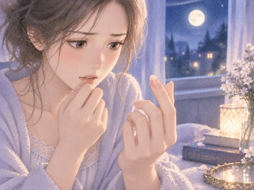 爪が浮いた指先を見て驚く女性と淡い赤色のにじみ