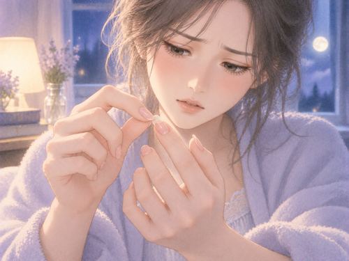 自分の爪の端に指をかけて剥がそうとする女性の手元