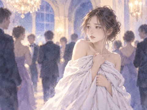 人前で肩を布で覆い戸惑う女性