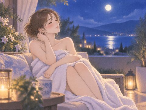 柔らかな布をまとい月光の中でくつろぐ女性