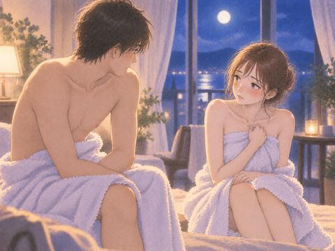 布をまとった成人男性を見つめる女性