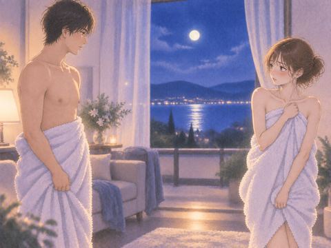 布をまとった成人男性と距離を置く女性