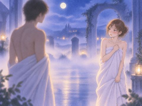布をまとった見知らぬ成人と向き合う女性