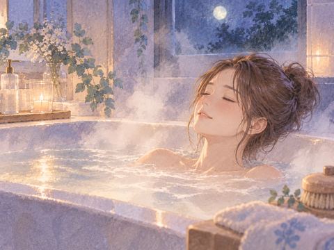 湯気の中で肩まで湯船につかる女性