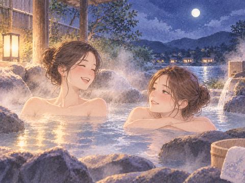 夜の露天風呂で肩まで湯につかる女性たち