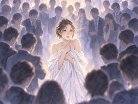 大勢の人影の前で布に身を包む女性
