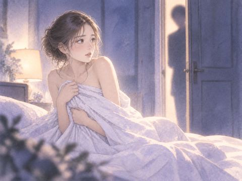扉の向こうの人影に気づき布で身を覆う女性
