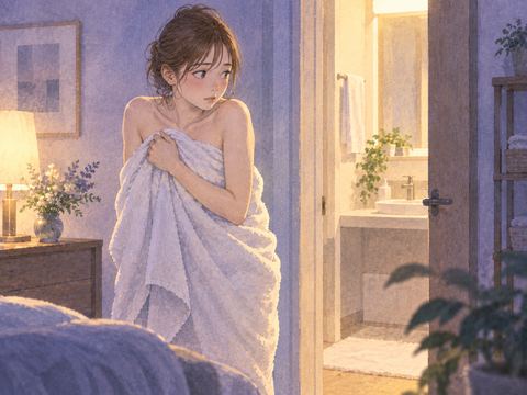 大きなタオルで身体を隠す女性
