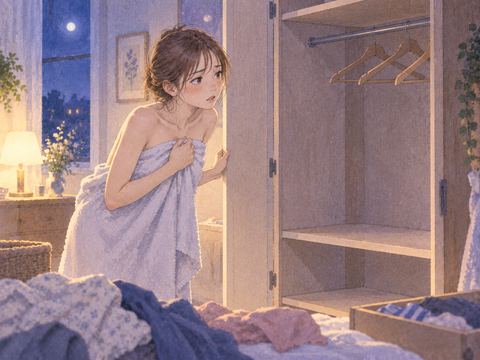 布に身を包み空のクローゼットを見る女性