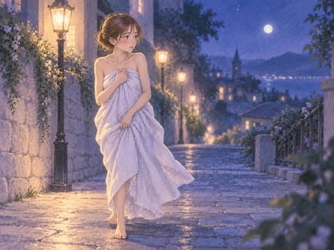 長い布をまとい静かな道を歩く女性