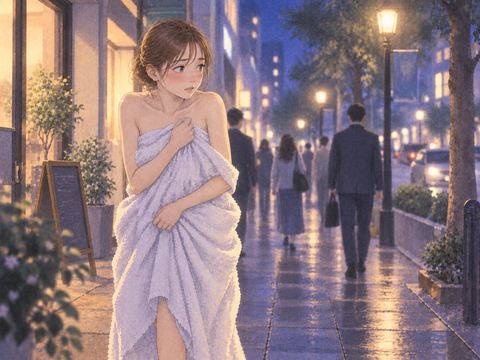 布をまとい夜の街を歩く女性