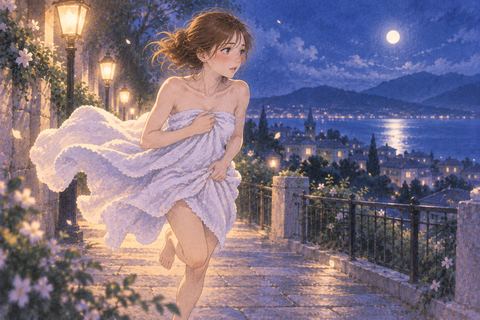 長い布をまとい夜道を走る女性